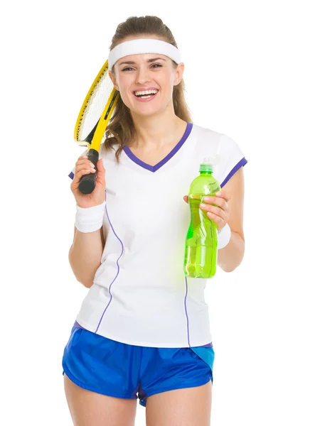 Happy tennis player with racket and water bottle — Stock Photo, Image