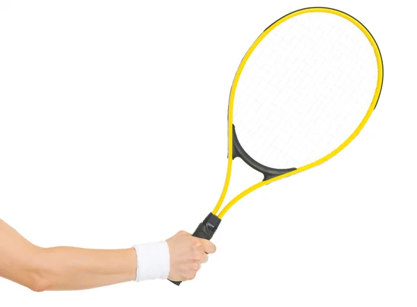 Primer plano a mano con raqueta de tenis —  Fotos de Stock