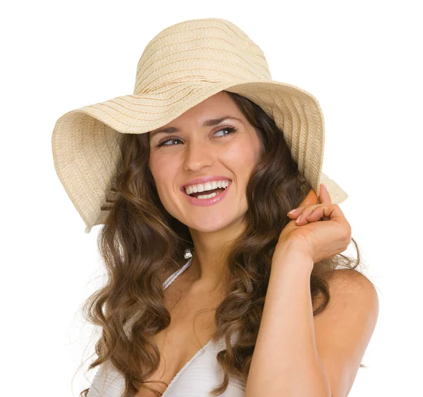 Portrait of happy young woman in hat — Stock Photo, Image