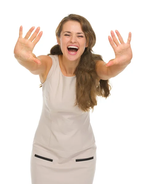 Happy young woman with hands stretched forward — Stock Photo, Image