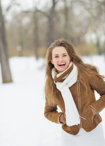 Retrato de jovem mulher feliz no parque de inverno — Fotografia de Stock