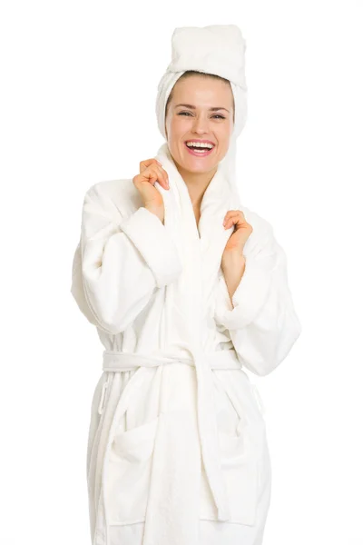 Portrait of smiling young woman in bathrobe Royalty Free Stock Images