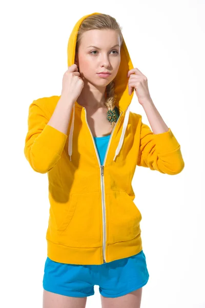 Portrait of modern teenager girl adjusting draped hood — Stock Photo, Image