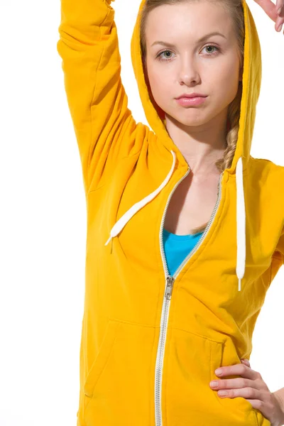 Portrait of modern teenager girl in sweater with draped hood — Stock Photo, Image