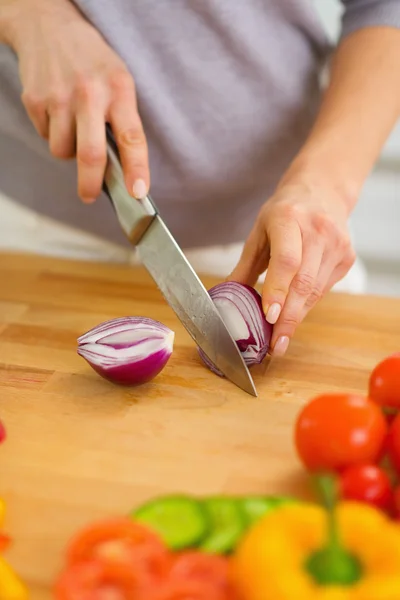 Primer plano de la mujer cortando cebolla — Foto de Stock