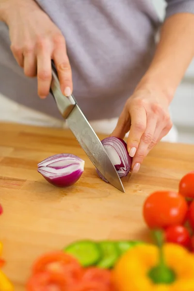 Closeup on woman cutting onion — Stock Photo, Image