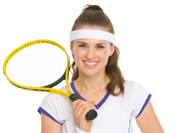 Retrato de una jugadora de tenis feliz con raqueta —  Fotos de Stock