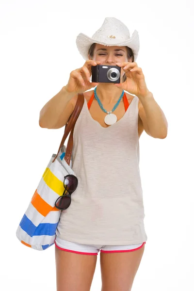 Beach young woman taking photo — Stock Photo, Image