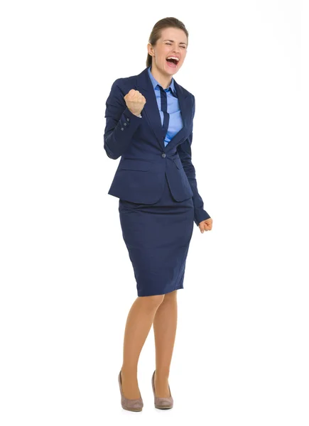 Retrato de larga duración de mujer de negocios feliz haciendo puño bomba ge — Foto de Stock