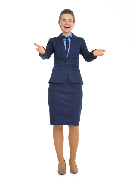 Full length portrait of smiling business woman welcoming — Stock Photo, Image