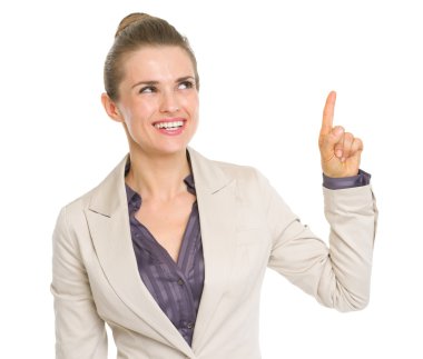 kopya alanı üzerinde yukarıyı mutlu bir iş kadını