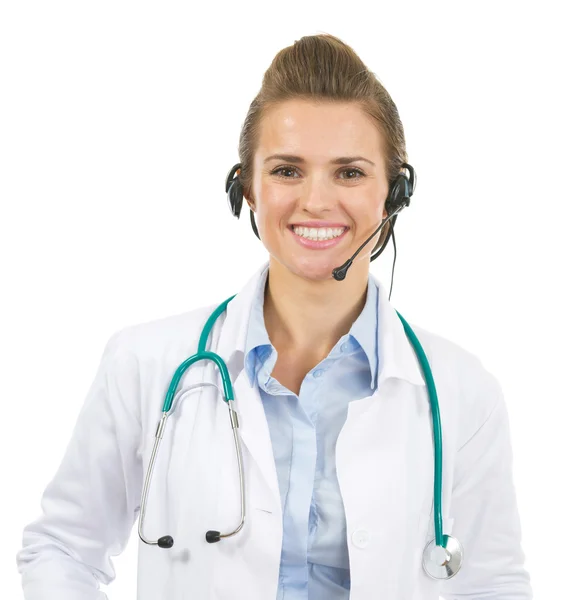 Retrato de mujer doctora feliz en auriculares — Foto de Stock