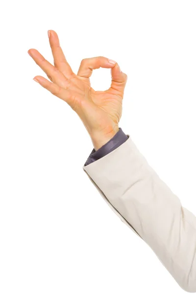 Primer plano en la mano de la mujer de negocios mostrando gesto ok — Foto de Stock