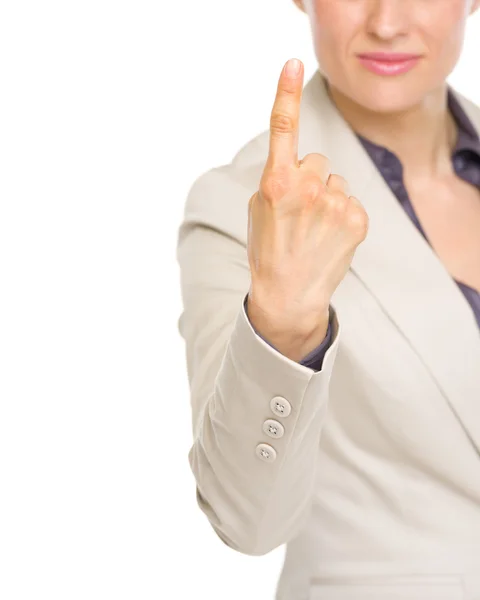 Nahaufnahme einer Geschäftsfrau, die einen Finger zeigt — Stockfoto