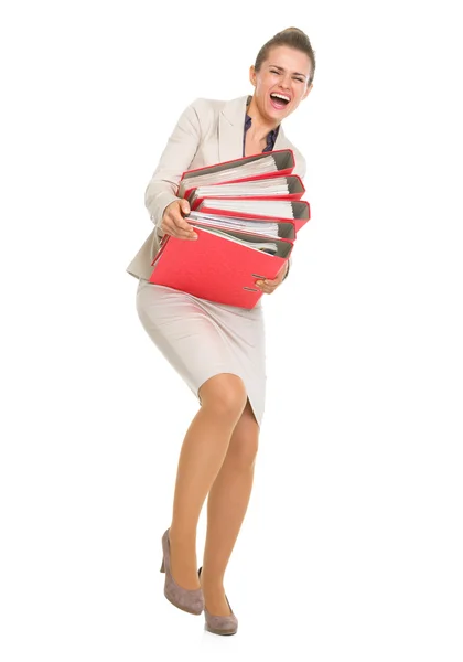 Portrait of happy business woman with stack of folders — Stock Photo, Image