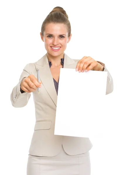 Smiling business woman giving documents and pen for sign — Stock Photo, Image