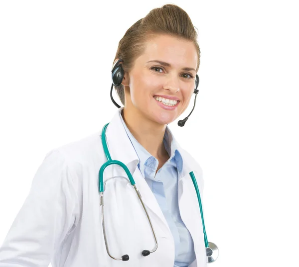 Retrato de mujer doctora feliz en auriculares —  Fotos de Stock