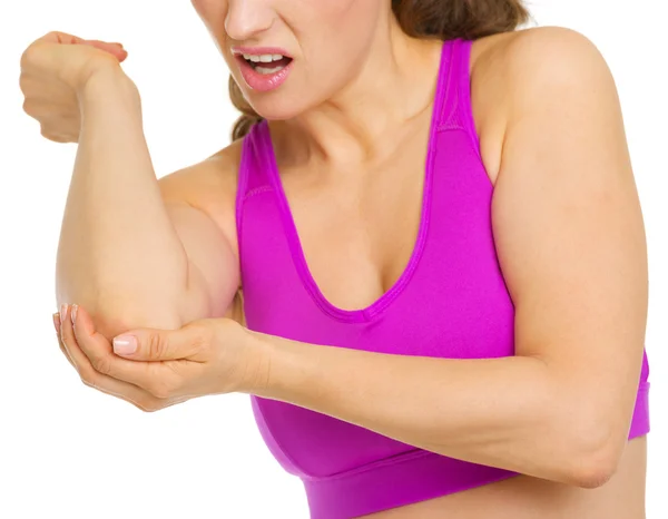 Primo piano sulla donna con dolore al gomito — Foto Stock