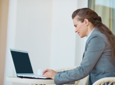 mutlu bir iş kadını terasta laptop ile çalışma