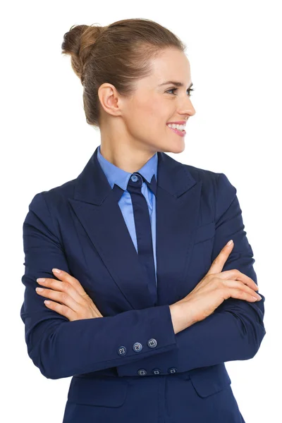 Mujer de negocios sonriente buscando espacio para copiar —  Fotos de Stock