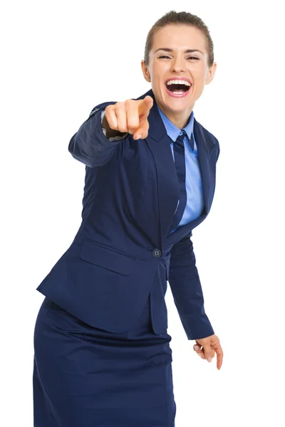 Mulher de negócios feliz apontando na câmera — Fotografia de Stock