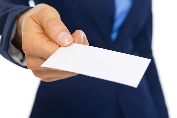 Closeup on business woman giving business card — Stock Photo, Image