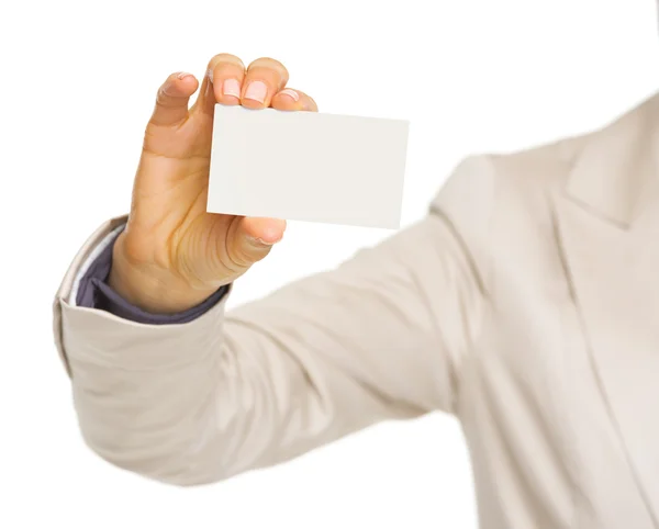 Closeup on business woman showing business card — Stock Photo, Image