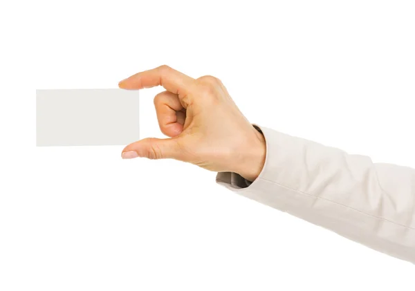 Closeup on hand of business woman holding business card — Stock Photo, Image