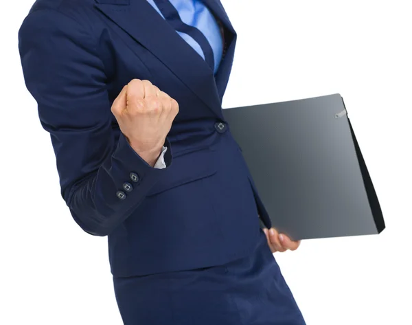 Closeup on business woman with folder rejoicing success — Stockfoto