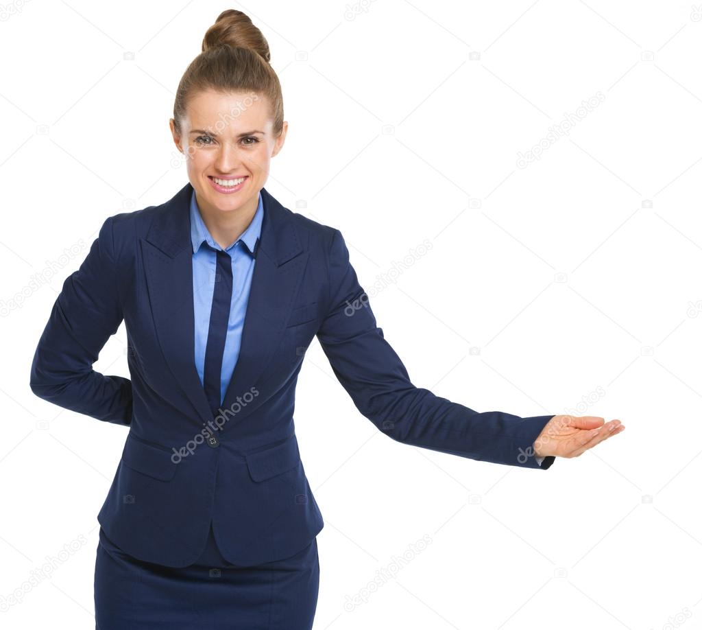 Smiling business woman welcoming