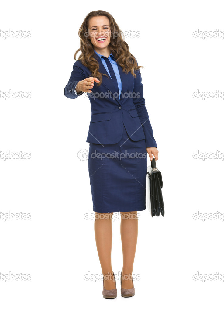 Full length portrait of smiling business woman with briefcase st
