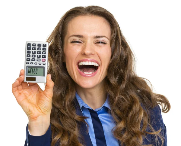 Smiling business woman showing calculator with hello inscription — Stock Photo, Image