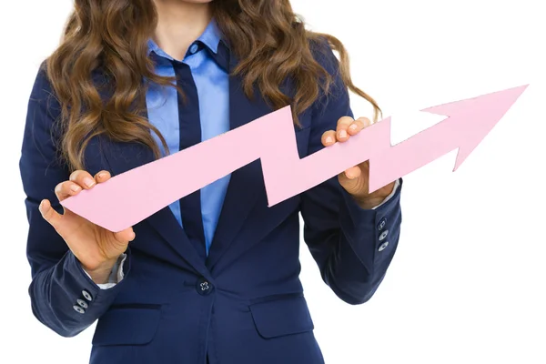 Nahaufnahme einer Geschäftsfrau, die zeigt, wie der Graphenpfeil nach oben geht — Stockfoto