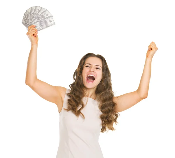 Happy young woman with fan of dollars rejoicing success — Stock Photo, Image