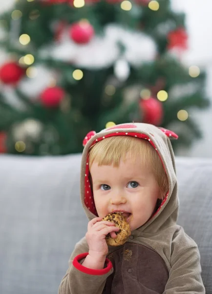 クッキーを食べてのクリスマスの衣装で幸せな赤ちゃんの肖像画 — ストック写真
