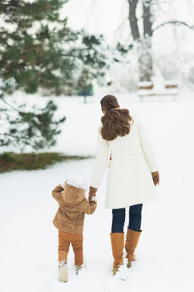 妈妈和宝宝在冬季公园散步。后视图 — 图库照片