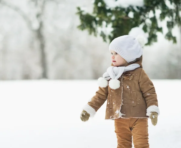 Bebê no parque de inverno olhando no espaço de cópia — Fotografia de Stock