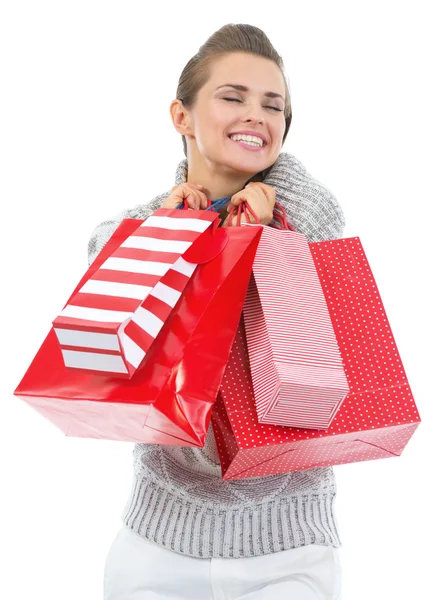 Mujer en suéter con bolsa de compras —  Fotos de Stock