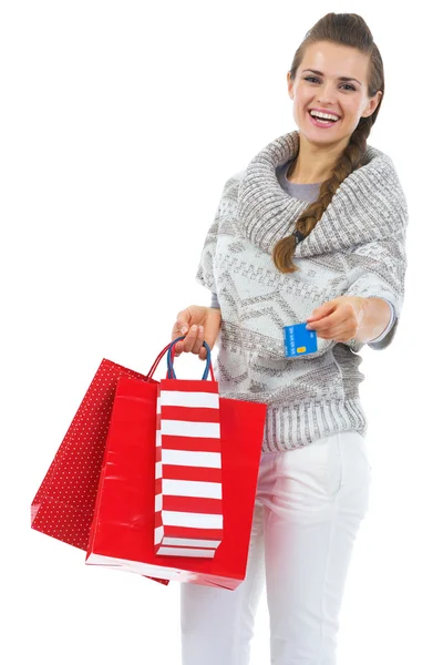 Woman in sweater with shopping bag — Stock Photo, Image