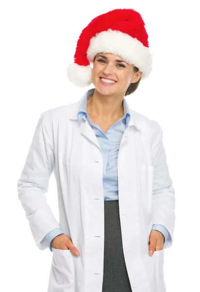 Πορτρέτο του χαμογελώντας γυναίκα γιατρός στην το καπέλο santa — Φωτογραφία Αρχείου