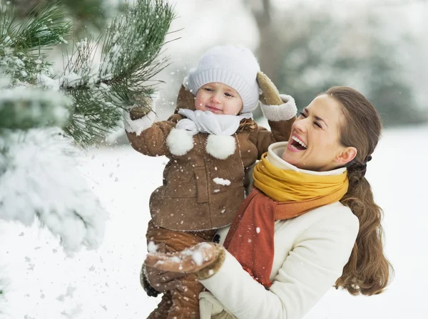 Gelukkig moeder en baby spelen met sneeuw op de tak — Stockfoto