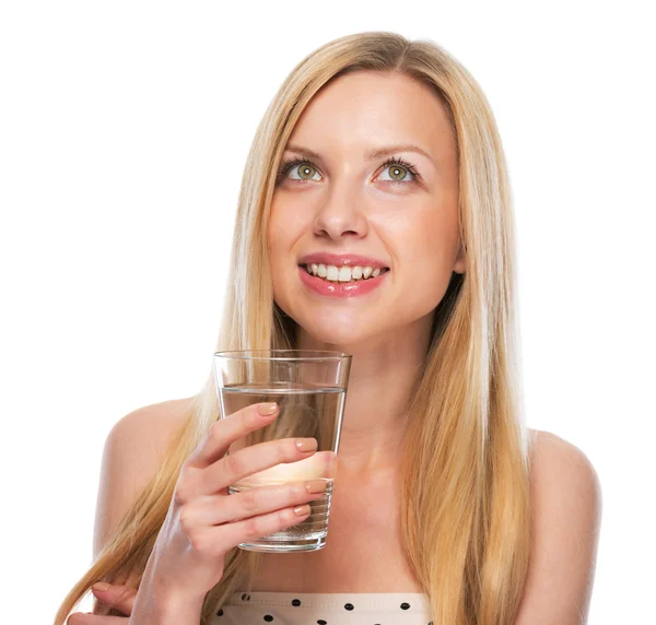 Portrait of happy teenage girl with cup of water looking on copy — Stock Photo, Image