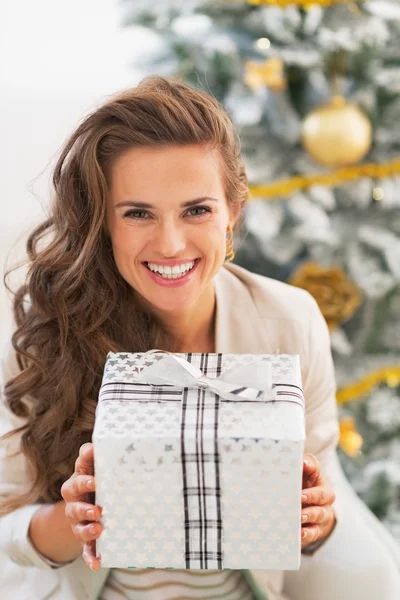 Mulher segurando caixa de presente de Natal na frente da árvore de Natal — Fotografia de Stock