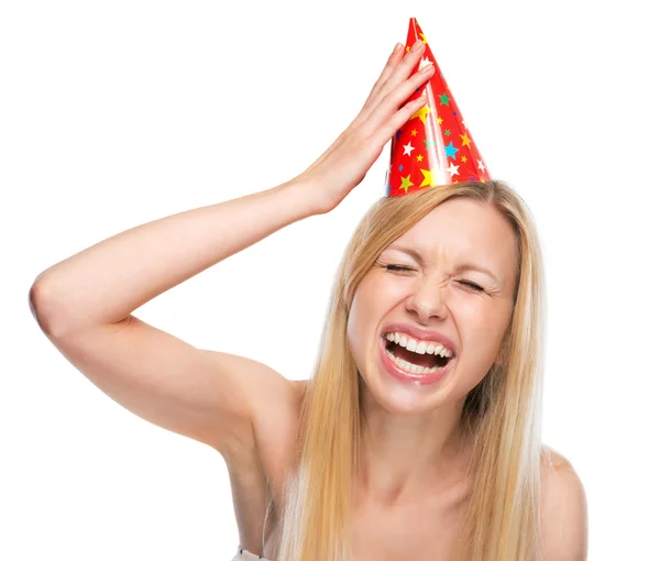 Smiling young woman in party cap — Stock Photo, Image