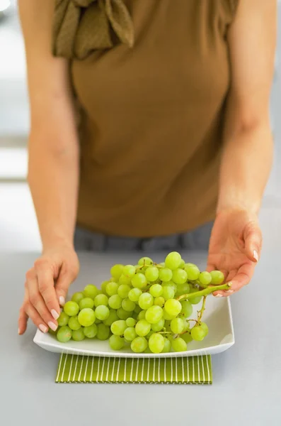 Closeup on young woman with branch of grapes — Stock Photo, Image