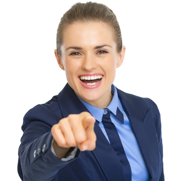 Business woman pointing in camera — Stock Photo, Image