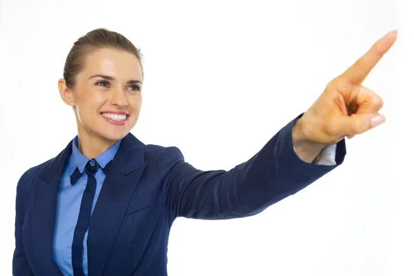 Business woman pointing on copy space — Stock Photo, Image