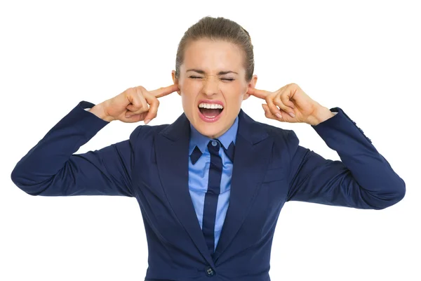 Business woman closing ears — Stock Photo, Image