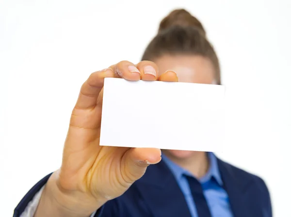 Business woman showing business card — Stock Photo, Image