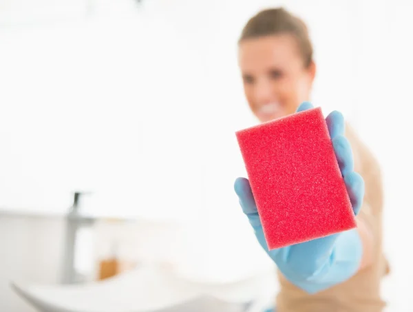 Housewife showing sponge — Stock Photo, Image